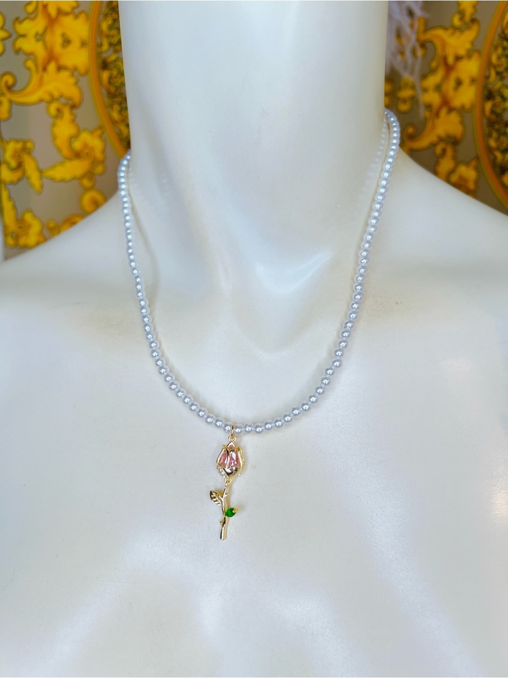 Pink CZ 💎 diamond rose 🌹 pearl gold plated 16” to 18” necklace emerald leaf